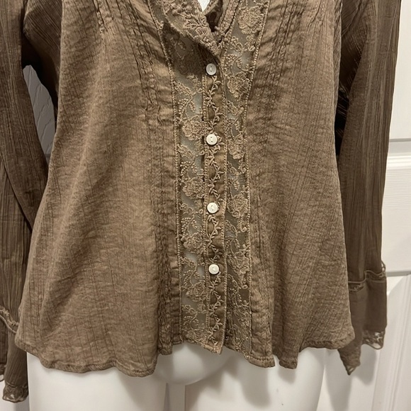 Free People Clemence taupe lace trim long sleeve button down boho shirt  Medium - Picture 5 of 9